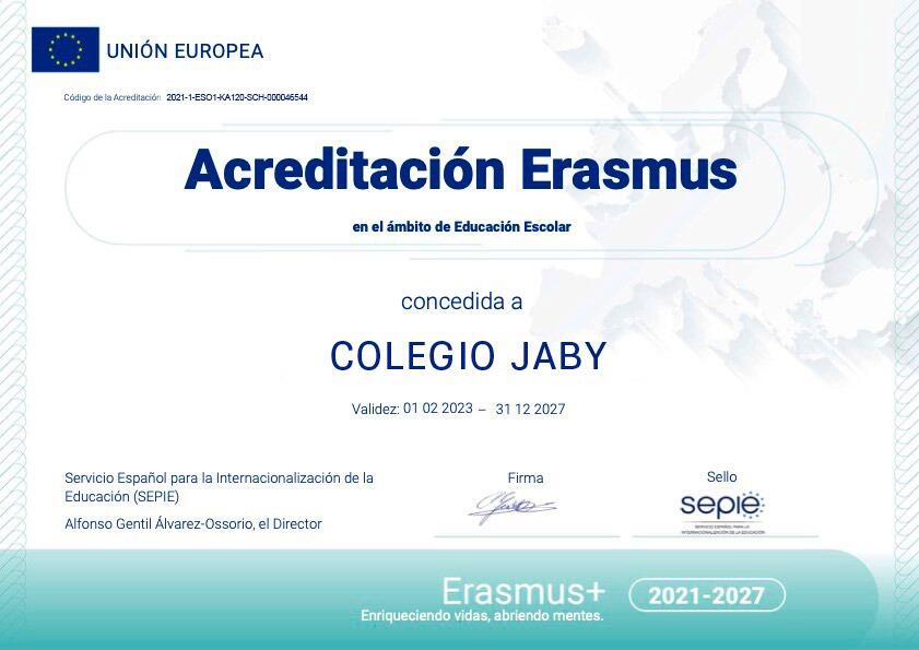 Acreditacion Erasmus concedida al Colegio Jaby por la Unión Europea